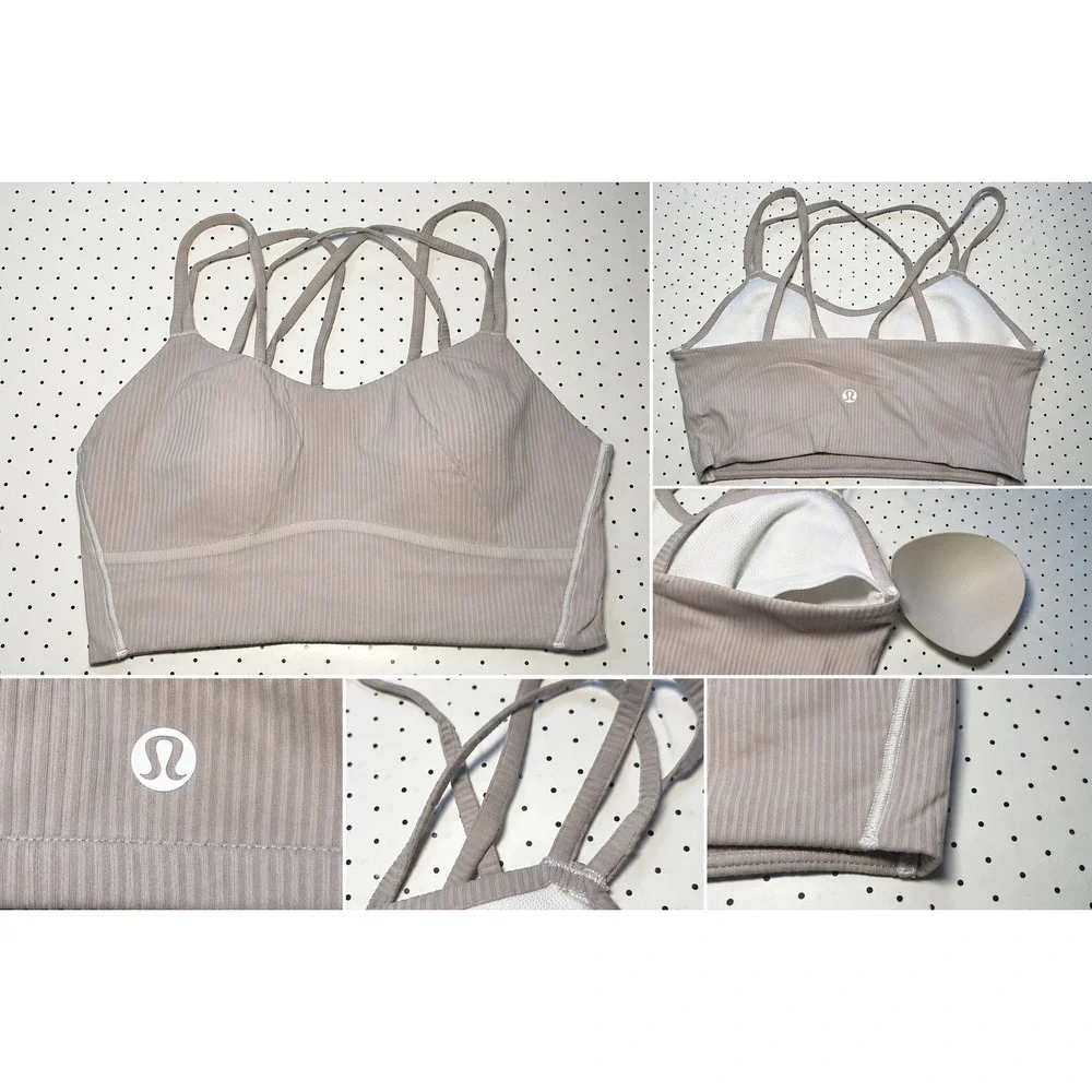 Lululemon Ribbed Longline Sports Bra Womens Light Taupe Strappy Back Yoga Bra